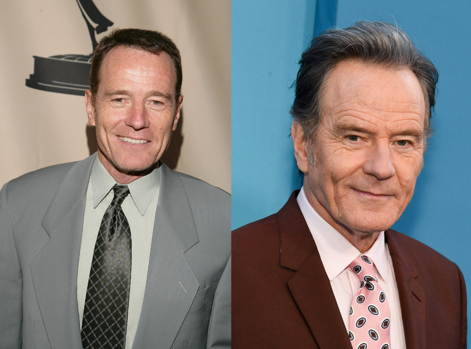 Split image of Bryan Cranston. Shown on the left in 2006 wearing a grey suit jacket with a pale green shirt and dark tie. On the right, in 2026 wearing a reddish brown jacket with a light pink shirt and pink patterned tie.