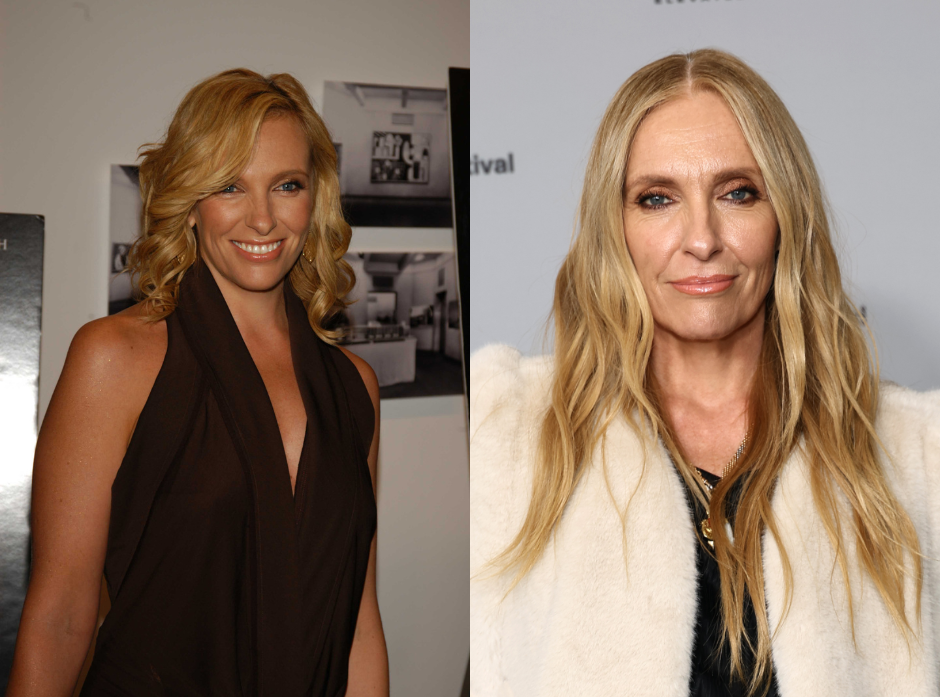 Split image of Toni Collette. On the left in 2006 wearing a black halterneck dress. On the right in 2026 wearing a black top with a cream fur jacket.