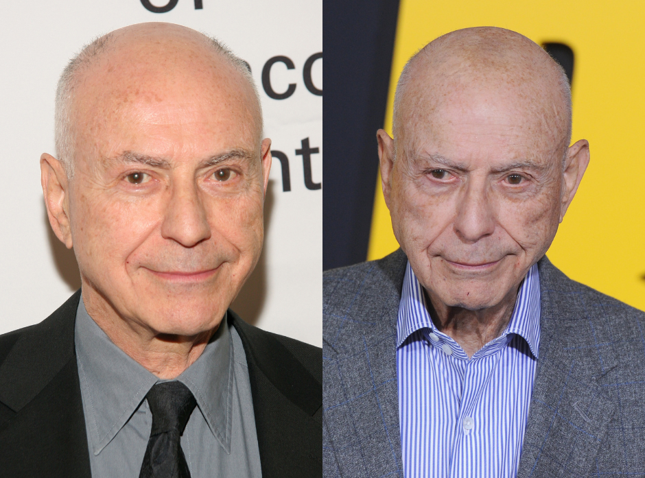 Split image of Alan Arkin. Shown on the left looking directly at the camera in a black suit jacket with a black tie and grey shirt. On the right, older and in a grey textured suit jacket with a blue and white striped shirt looking to the bottom left of the image.