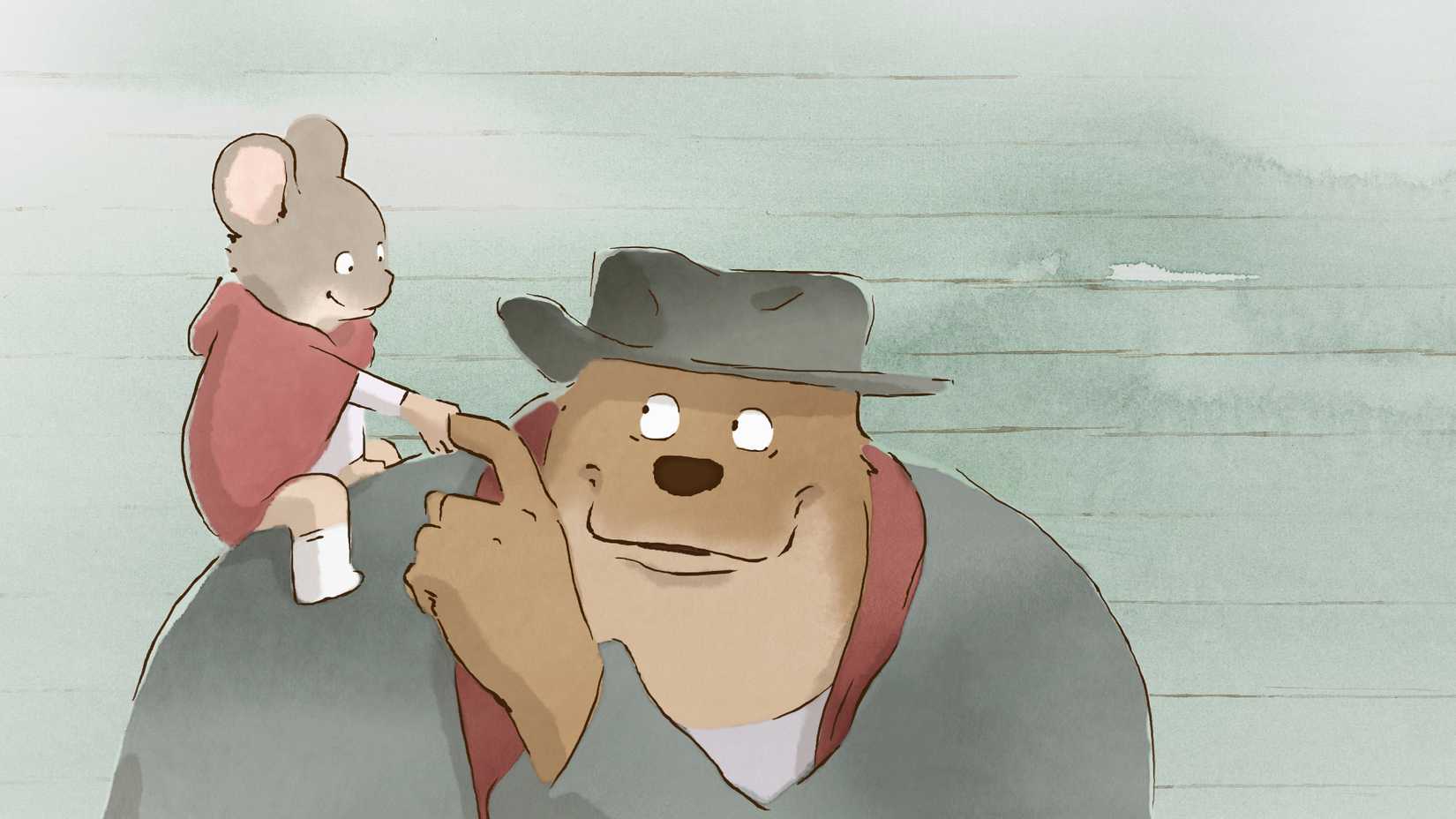 Celestine sits on Ernest's shoulder and shakes his finger in Ernest & Celestine