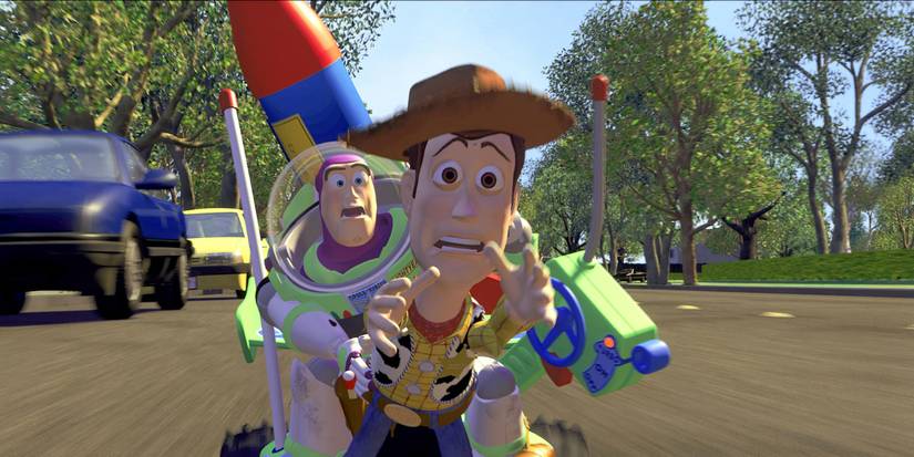 Buzz and Woody speed down the road on a remote control car in Toy Story