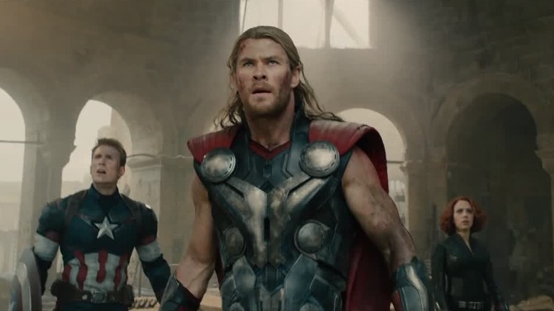 Thor, Captain America, and Black Widow in the cathedral getting ready to fight in Avengers: Age of Ultron