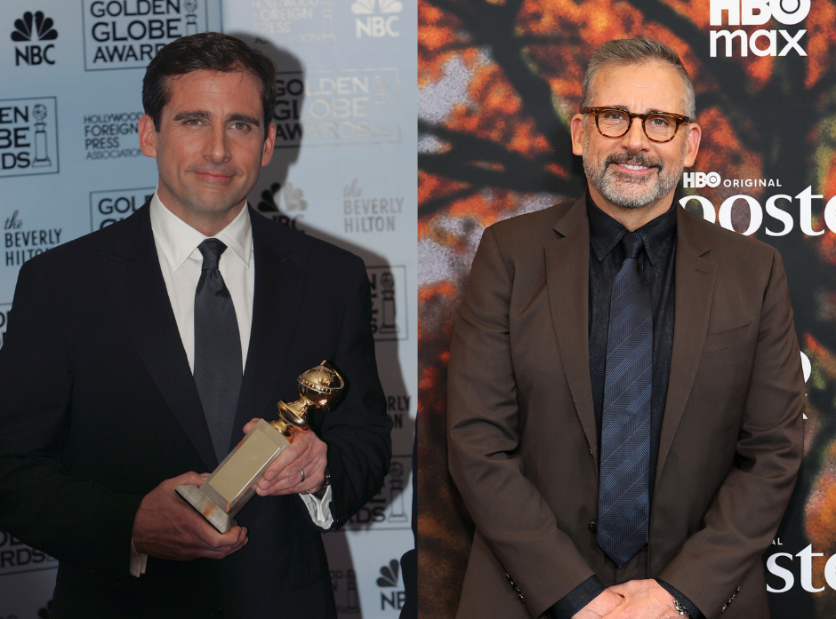 Split image of Steve Carell. On the left in 2006, wearing a suit and holding a Golden Globe award. On the right, shown in 2026 wearing a brown suit with a black shirt and navy tie, wearing glasses and clasping his hands together.