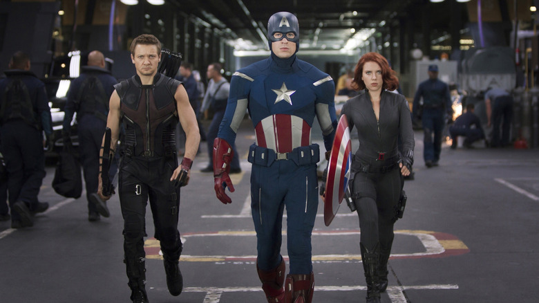 Hawkeye, Captain America, and Black Widow walking side by side in The Avengers