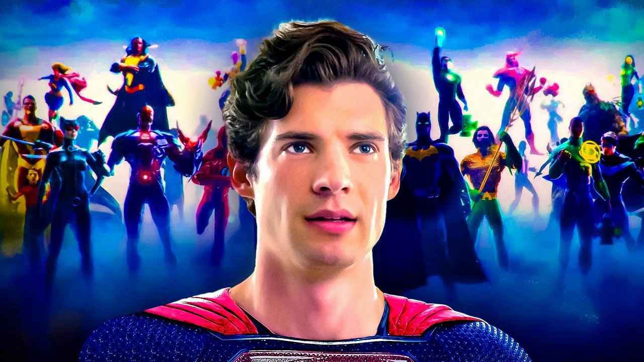 David Corenswet's Superman in front of Justice League from DC Comics.