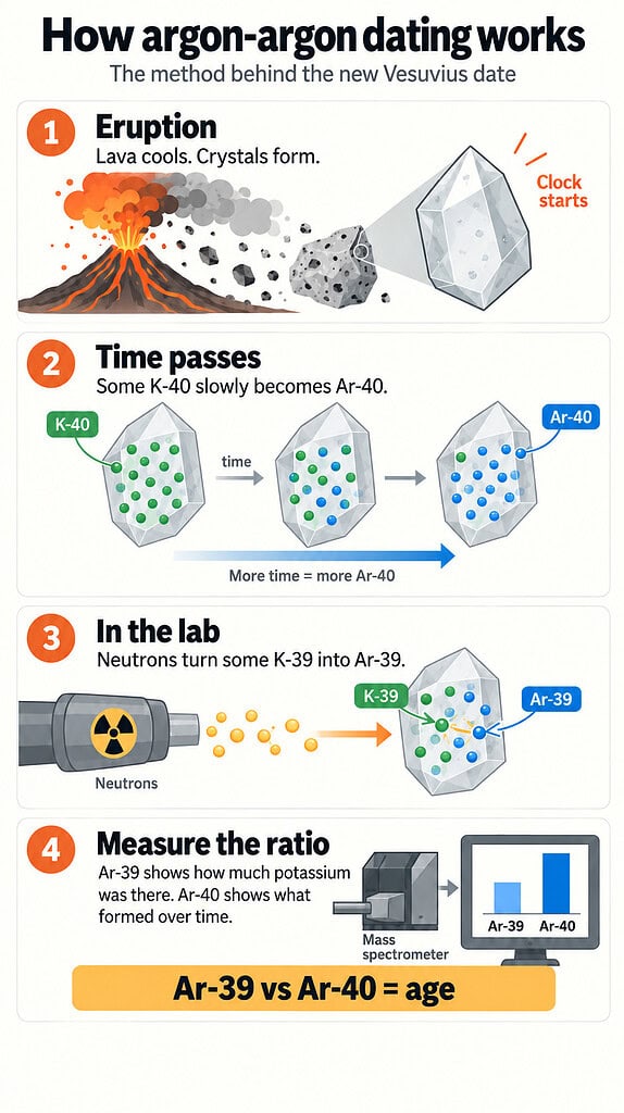 Infographic showing how Argon-argon dating works