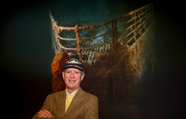 Robert Ballard, best known for his discovery of the RMS Titanic, stands in front of a projection of the doomed ocean liner Tuesday, Sept. 29, 2026, after speaking to Allentown School District fifth graders and community members at Da Vinci Science Center at PPL Pavilion. The 