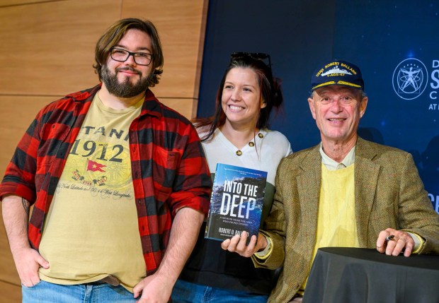 Robert Ballard, best known for his discovery of the RMS Titanic, meets Danielle and Ben Yenser on Tuesday, Sept. 29, 2026, after speaking to Allentown School District fifth graders and community members at Da Vinci Science Center at PPL Pavilion. The 