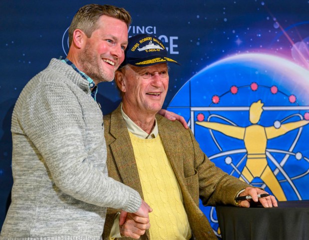 Robert Ballard, best known for his discovery of the RMS Titanic, speaks Tuesday, Sept. 29, 2026, with Jon Elison at Da Vinci Science Center at PPL Pavilion after Ballard spoke to Allentown School District fifth graders and community members. Ballard, who was at the science center as part of the 