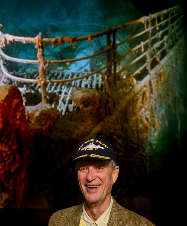 Robert Ballard, best known for his discovery of the RMS Titanic, stands in front of a projection of the doomed ocean liner Tuesday, Sept. 29, 2026, after speaking to Allentown School District fifth graders and community members at Da Vinci Science Center at PPL Pavilion. The 
