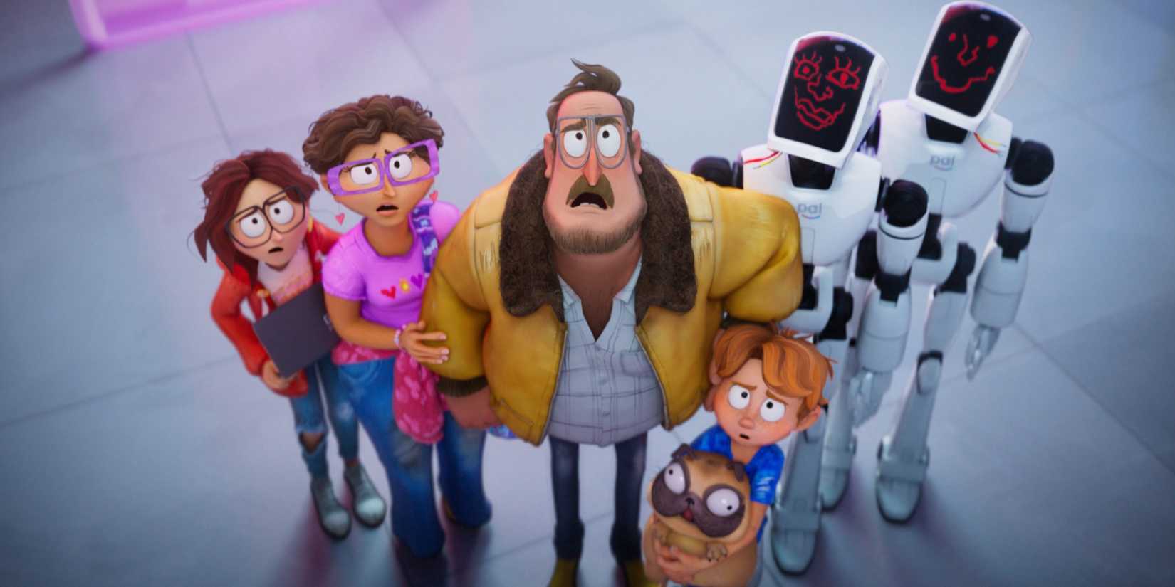 The Mitchells together looking up at something with confused expressions in The Mitchells vs. The Machines