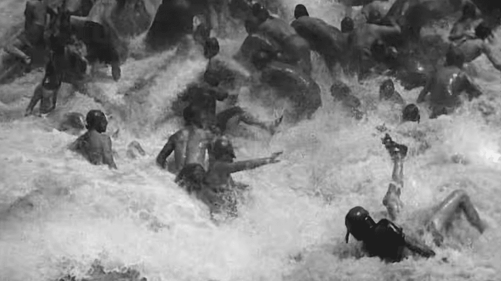 A chaotic, churning flood scene from the making of the 1928 silent epic film Noah's Ark