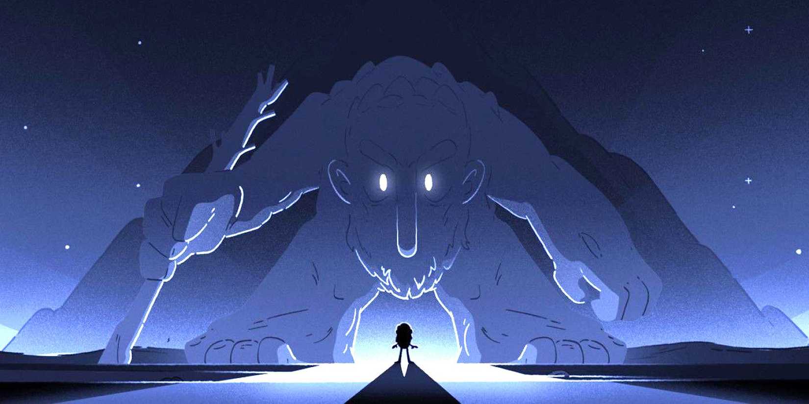 Hilda stares up at a giant troll