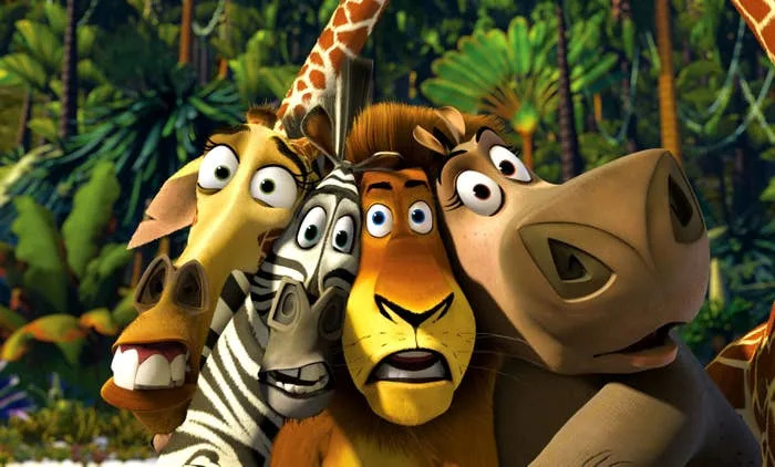 Animated animals from the Madagascar movie series look surprised in a jungle setting