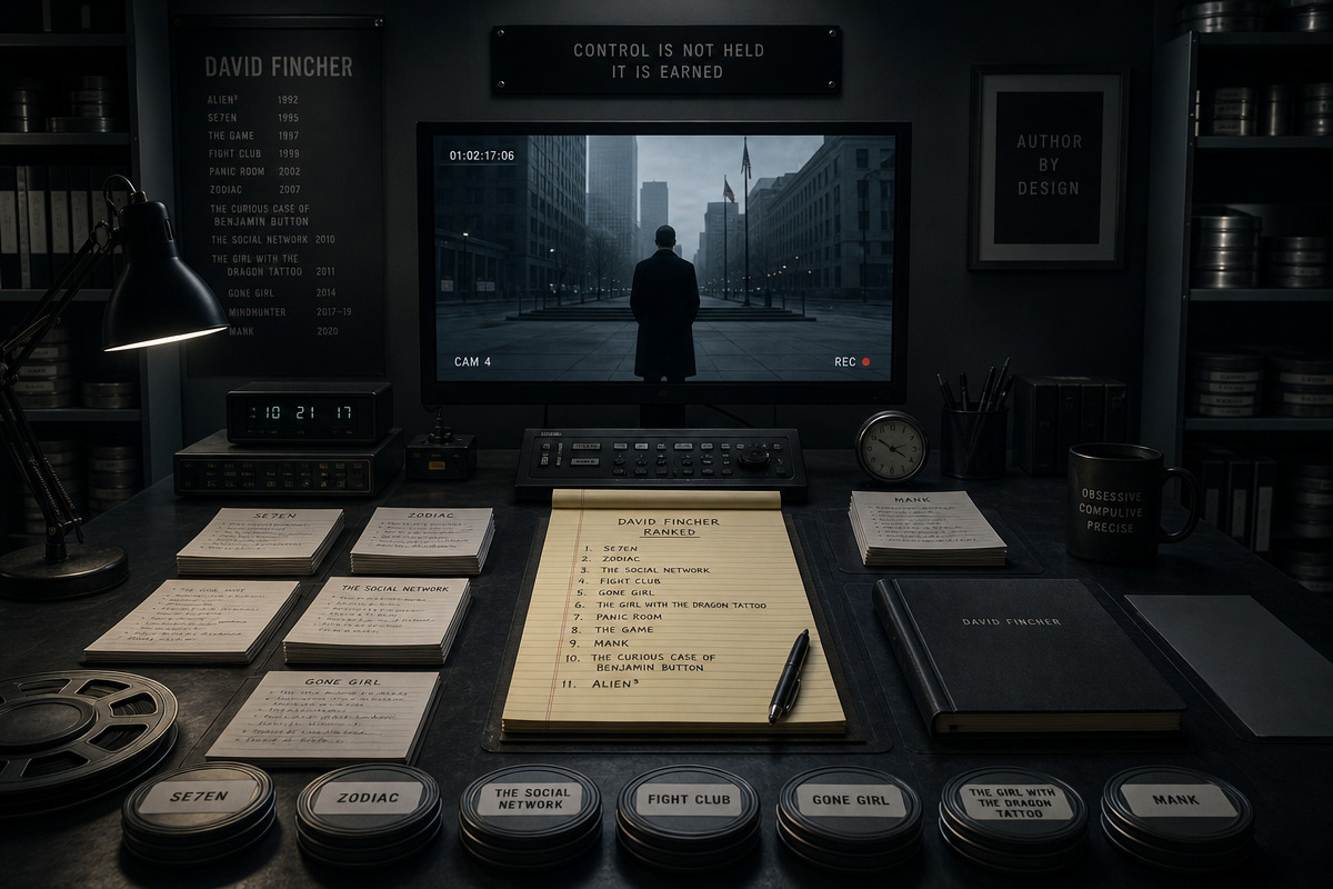 A filmmaker's workspace sits in a dim screening room with notes, film canisters, and a monitor of moody city imagery.