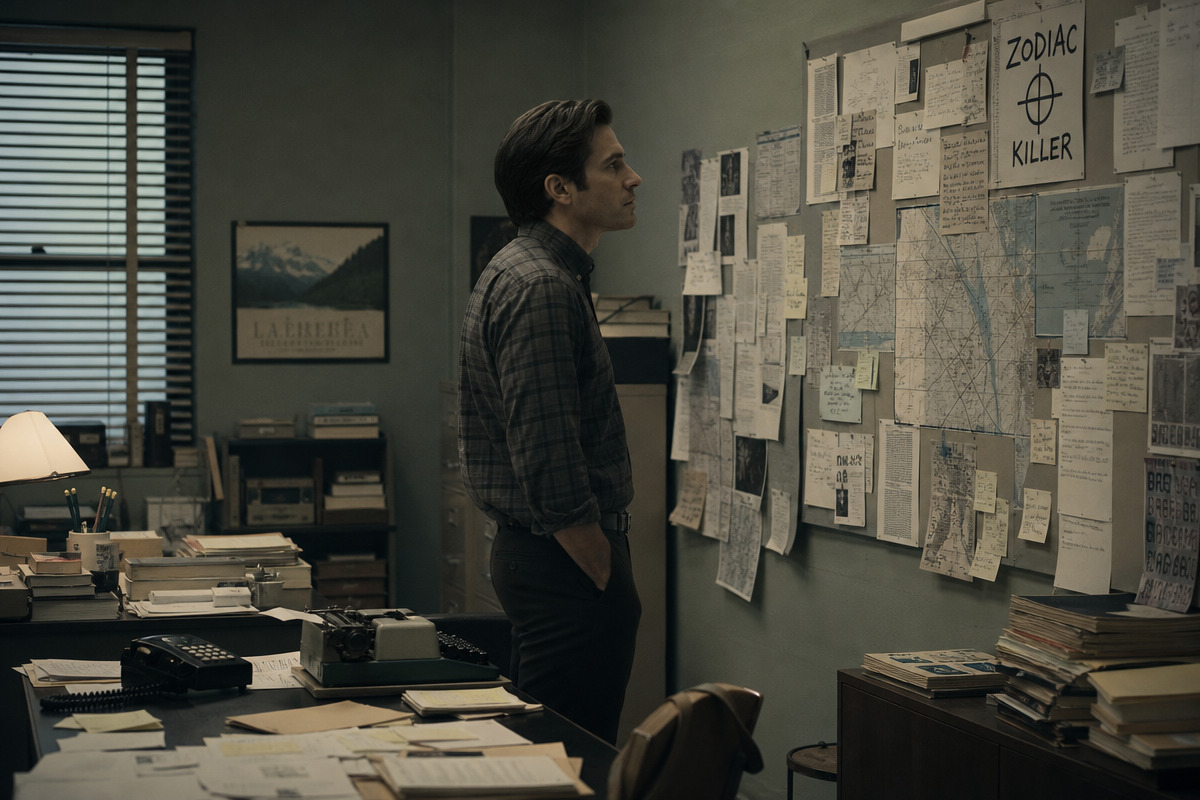 Robert Graysmith studies a wall of pinned notes and maps in a quiet late-night office lit by soft lamps.