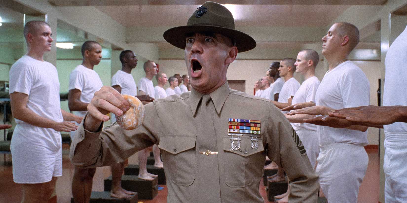 R. Lee Ermey portraying Gunnery Sergeant Hartman in the 1987 war film Full Metal Jacket