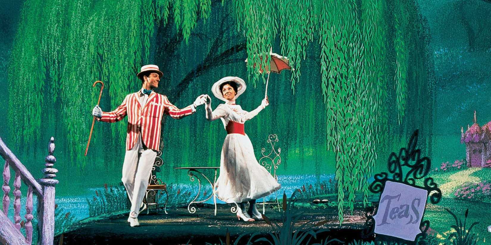 Mary Poppins and Bert in white and red outfits dance in an animated world in Mary Poppins