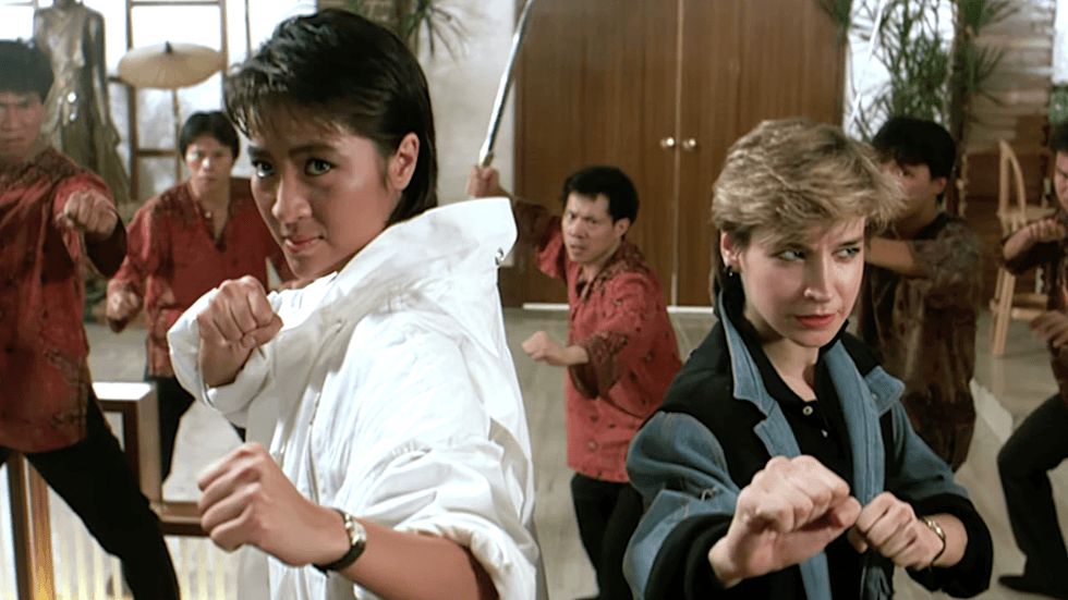 Michelle Yeoh and Cynthia Rothrock in a scene from the 1985 action film Yes, Madam!
