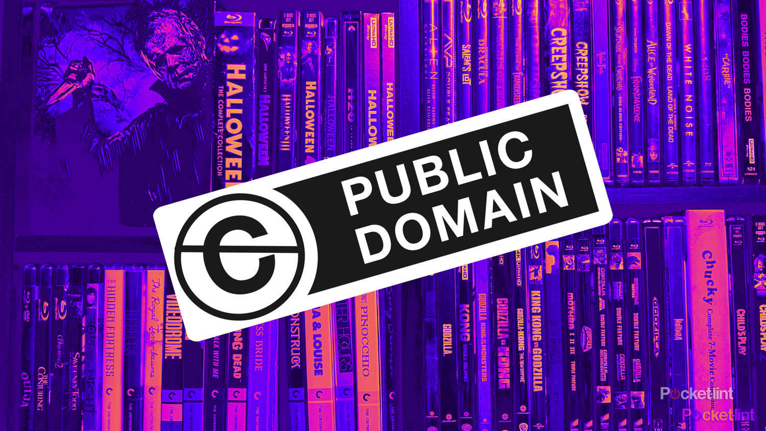 Movie shelf with overlaid public domain sign