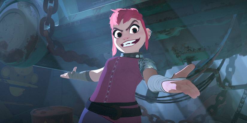 Nimona smiling mischievously while posing in front of chains in Nimona.