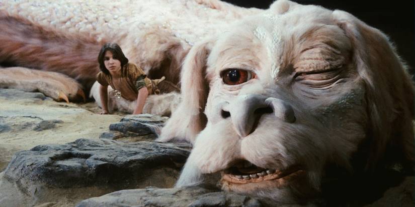 Atreyu next to the dragon Falkor in The NeverEnding Story