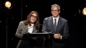 BEVERLY HILLS, CALIFORNIA - SEPTEMBER 25: (L-R) Pamela Abdy, Co-Chair & CEO, Warner Bros. Motion Picture Group and Michael De Luca, Chairperson & CEO, Warner Bros. Motion Picture Group speak onstage during the Will Rogers Motion Picture Pioneers Foundation's Pioneer Dinner Honoring Greta Gerwig at The Beverly Hilton on September 25, 2024 in Beverly Hills, California. (Photo by Amy Sussman/Getty Images)