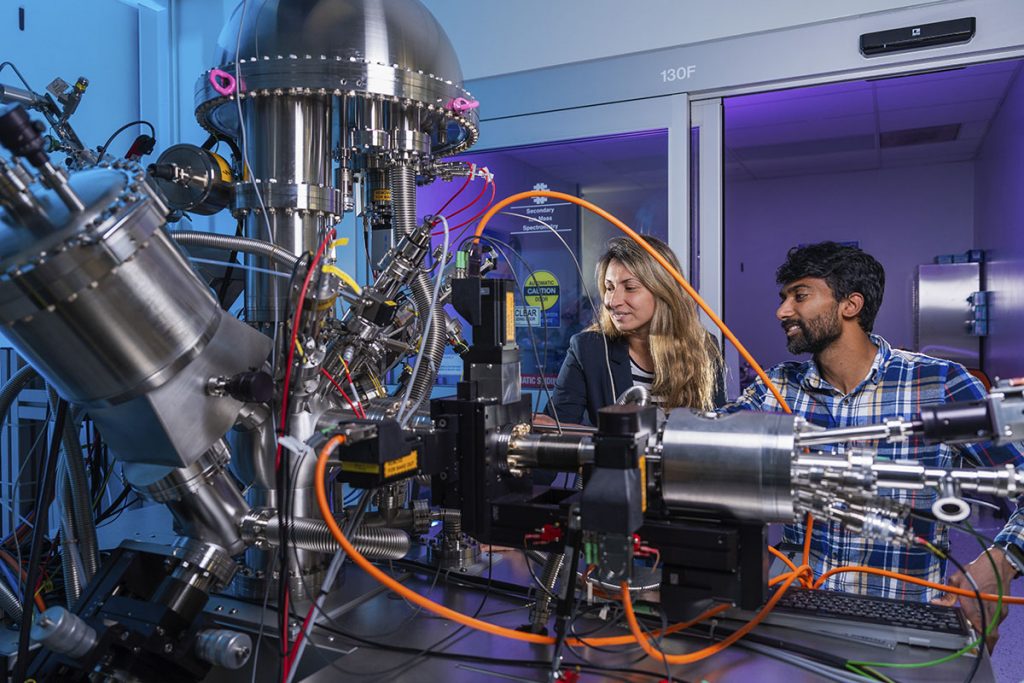 SQMS scientists Anna Grassellino and Akshay Murthy apply state-of-the-art characterization techniques in the Materials Science Lab at Fermilab. April 2024. Credit: Ryan Postel, Fermilab