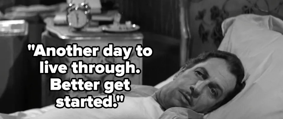 A man is lying in bed, looking contemplative. Text reads, 