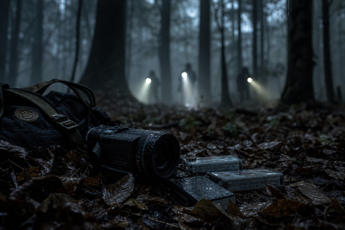 A camcorder lies on damp leaves in a foggy woodland as three flashlight beams move between distant trees.